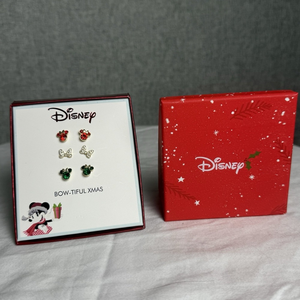 Disney Christmas Holiday Earring Set of 3 - Bows, Red, Green Mickey Minnie Studs - Picture 2 of 3